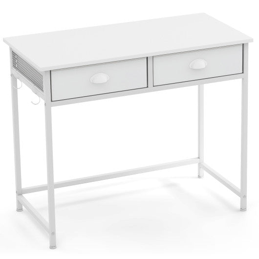Space Saving Home Office Desk with 2 Fabric Drawers and 4 Hanging Hooks-White