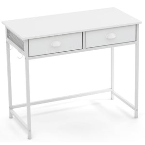 Space Saving Home Office Desk with 2 Fabric Drawers and 4 Hanging Hooks-White