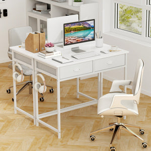 Space Saving Home Office Desk with 2 Fabric Drawers and 4 Hanging Hooks-White