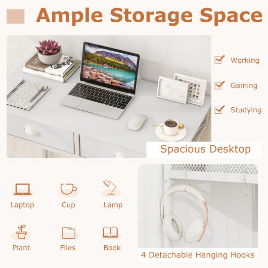 Space Saving Home Office Desk with 2 Fabric Drawers and 4 Hanging Hooks-White