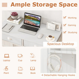 Space Saving Home Office Desk with 2 Fabric Drawers and 4 Hanging Hooks-White