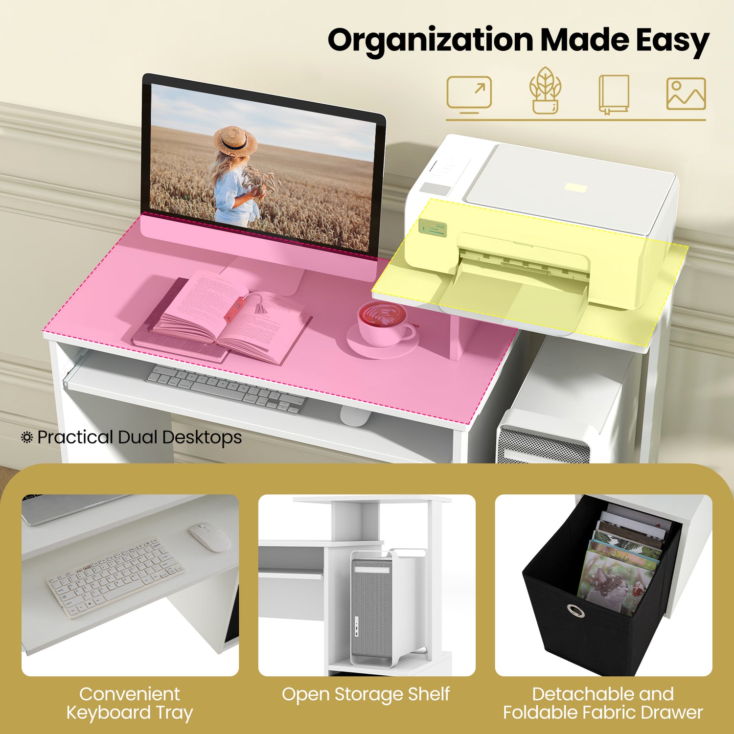 Space-saving Computer Desk with Pull-out Keyboard Tray-White