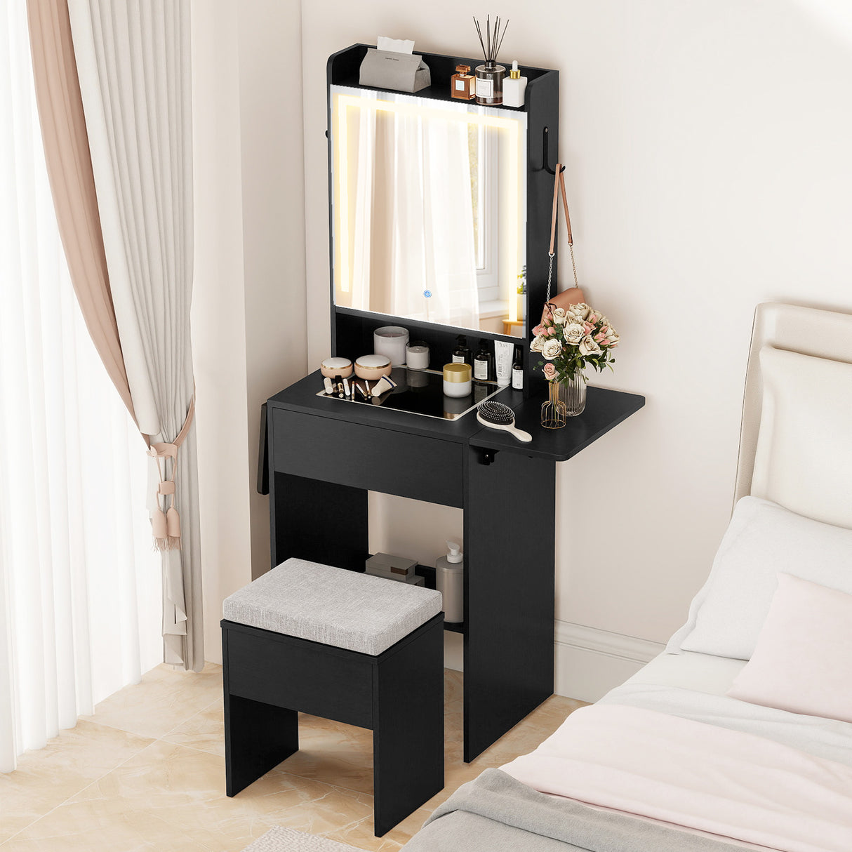 Space-saving Vanity Desk with Mirror and Lights for Bedroom-Black