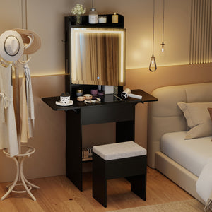 Space-saving Vanity Desk with Mirror and Lights for Bedroom-Black