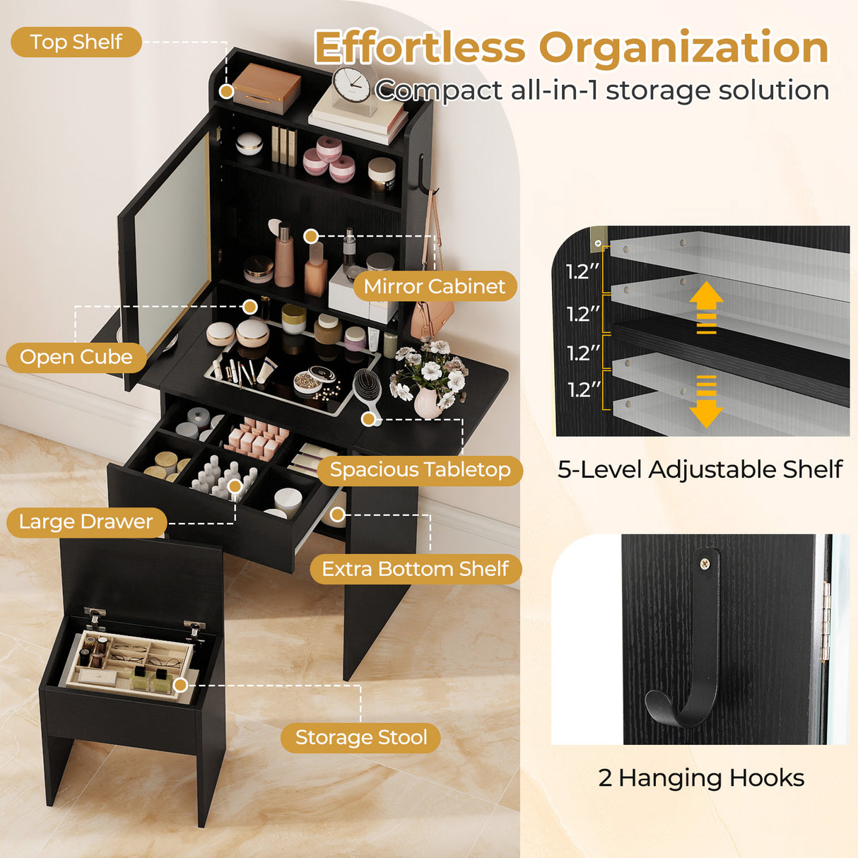 Space-saving Vanity Desk with Mirror and Lights for Bedroom-Black