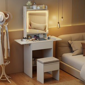 Space-saving Vanity Desk with Mirror and Lights for Bedroom-White