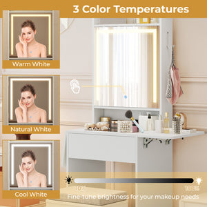 Space-saving Vanity Desk with Mirror and Lights for Bedroom-White