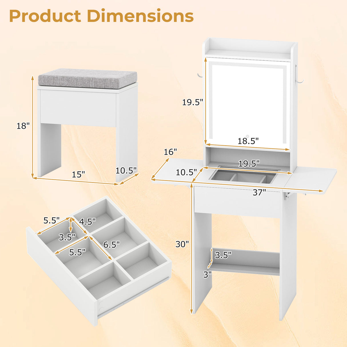 Space-saving Vanity Desk with Mirror and Lights for Bedroom-White