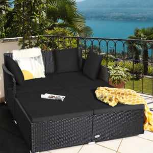 Spacious Outdoor Rattan Daybed with Upholstered Cushions and Pillows-Black