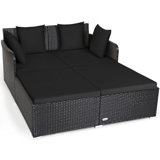 Spacious Outdoor Rattan Daybed with Upholstered Cushions and Pillows-Black