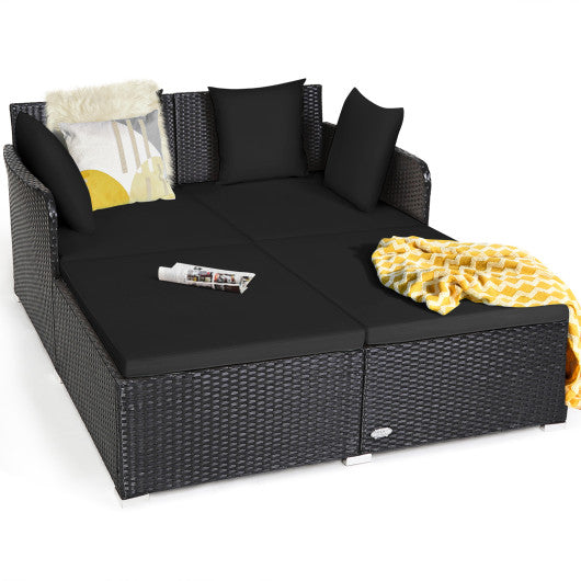 Spacious Outdoor Rattan Daybed with Upholstered Cushions and Pillows-Black