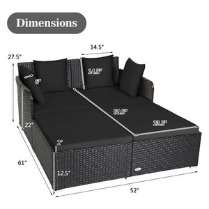 Spacious Outdoor Rattan Daybed with Upholstered Cushions and Pillows-Black