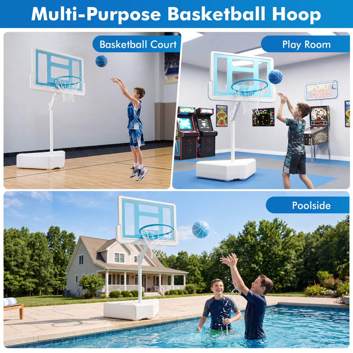 Splash & Shoot Pool Basketball Hoop with Adjustable Height & 2 Balls and Pump-Blue