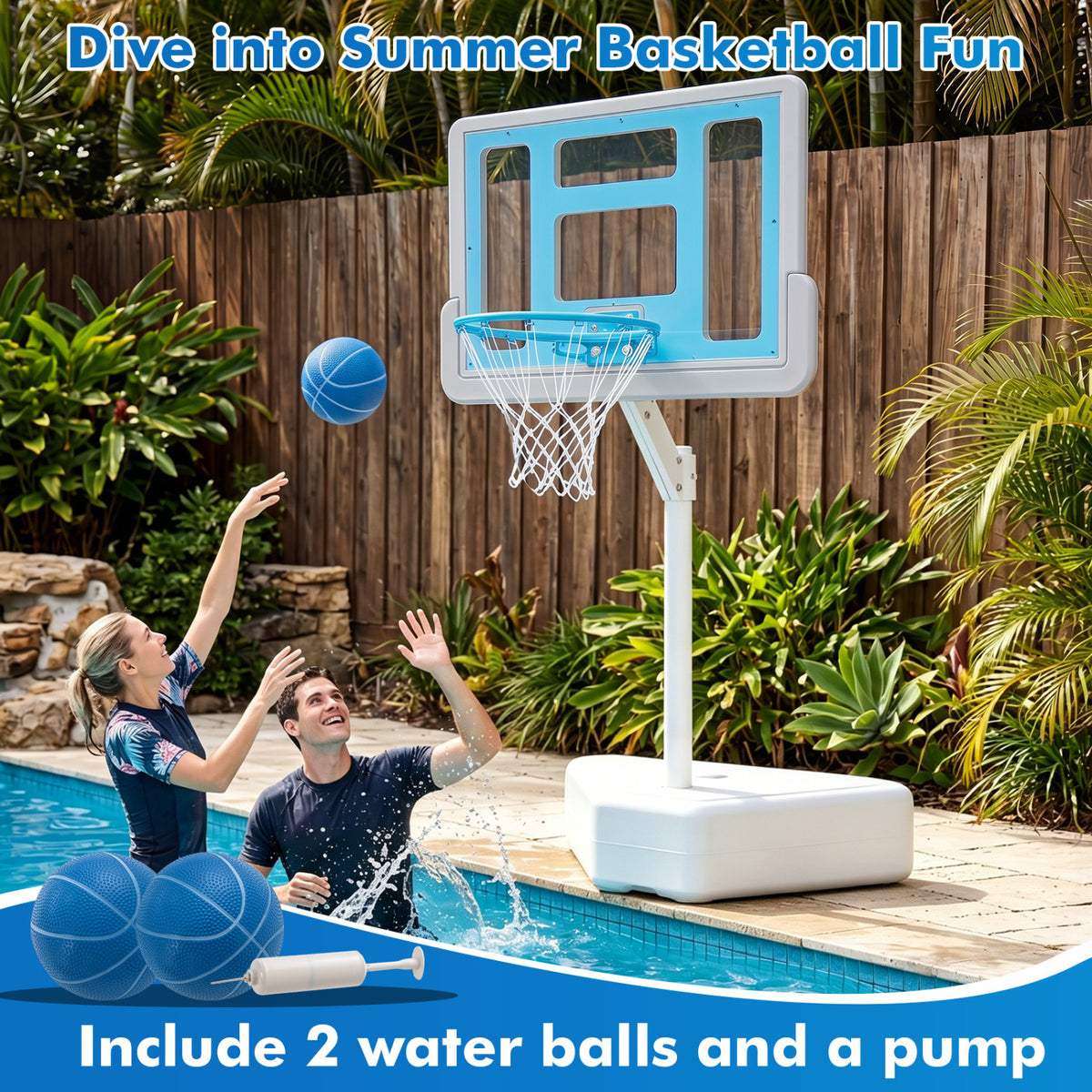 Splash & Shoot Pool Basketball Hoop with Adjustable Height & 2 Balls and Pump-Blue
