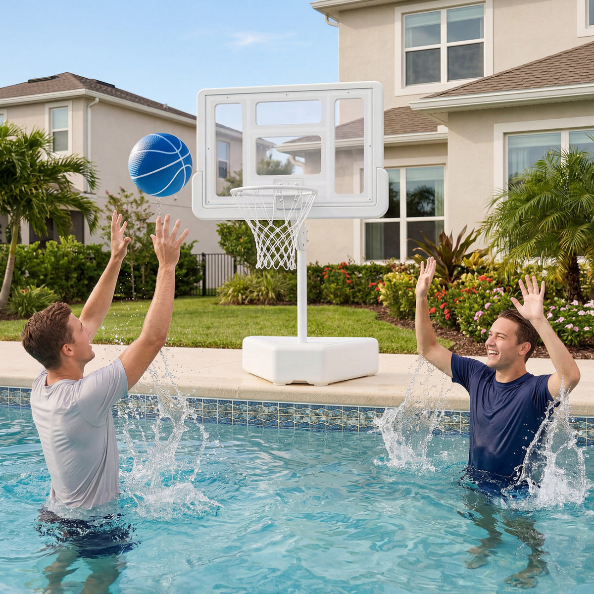 Splash & Shoot Pool Basketball Hoop with Adjustable Height & 2 Balls and Pump-White