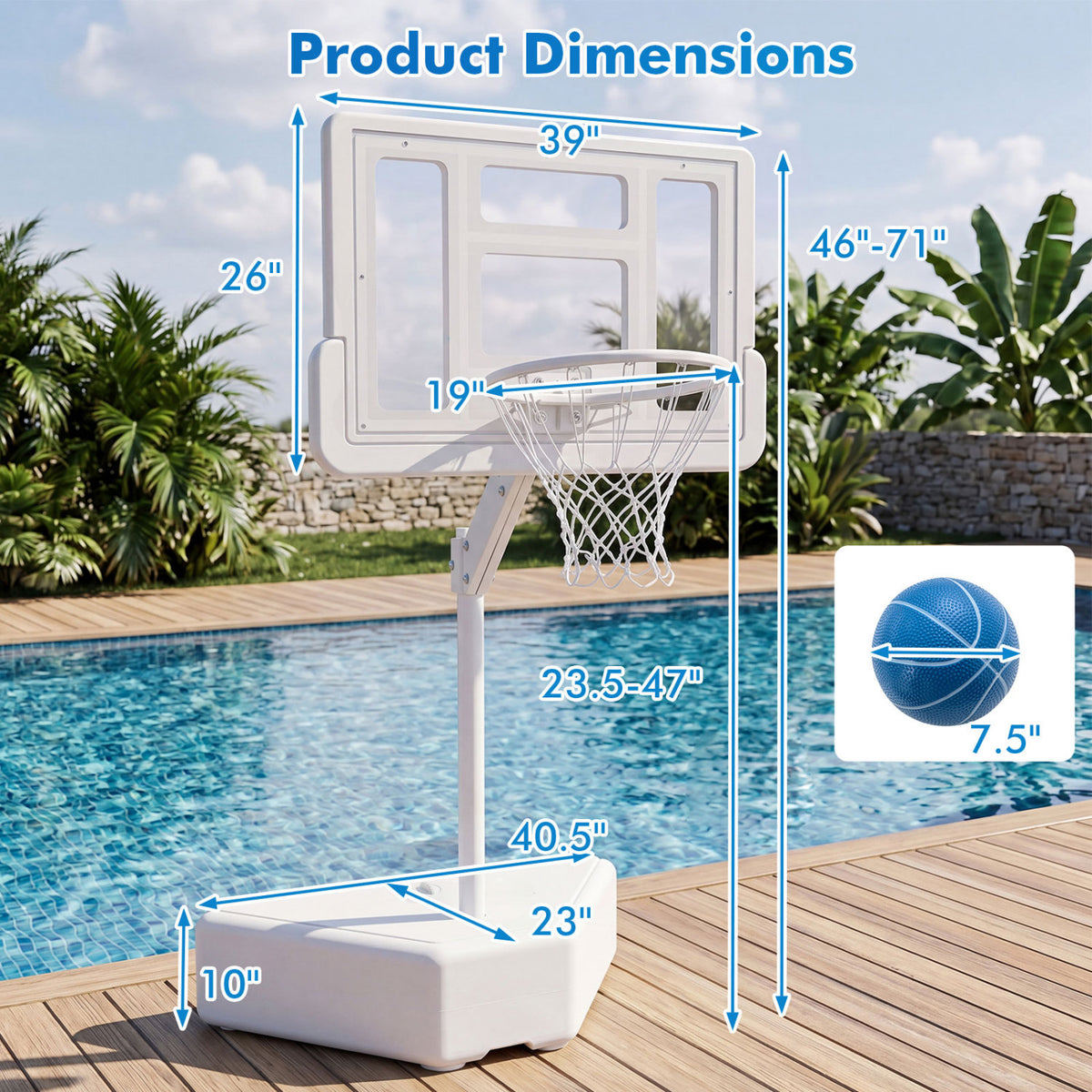 Splash & Shoot Pool Basketball Hoop with Adjustable Height & 2 Balls and Pump-White