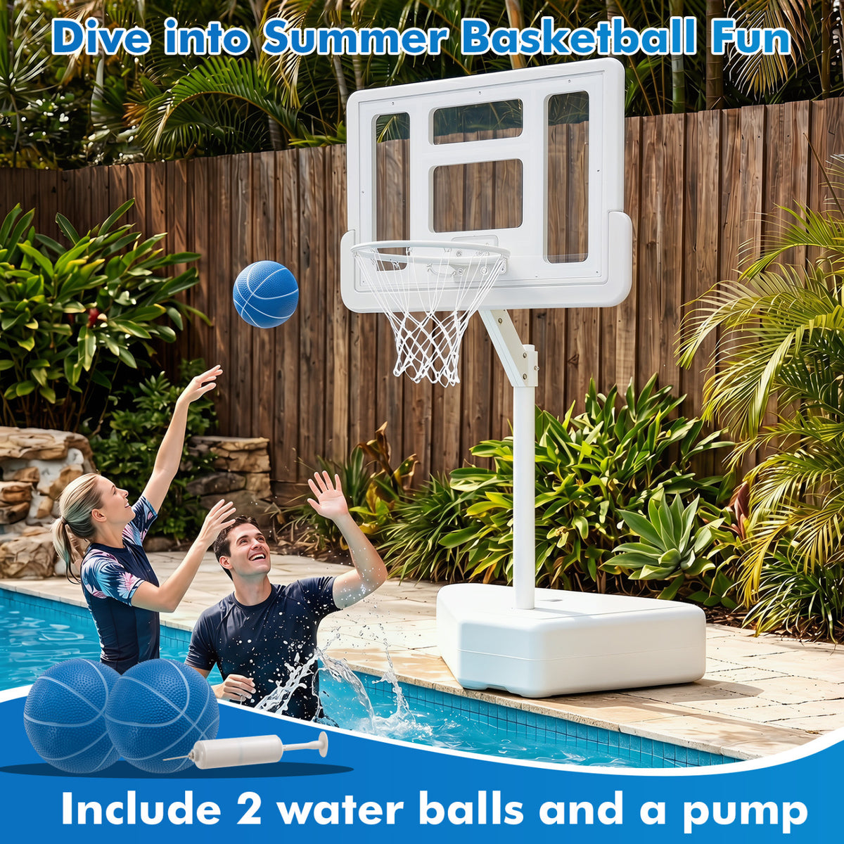 Splash & Shoot Pool Basketball Hoop with Adjustable Height & 2 Balls and Pump-White