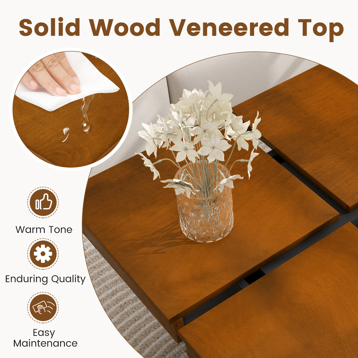 Square Coffee Table Mid Century Modern Center Table-Walnut