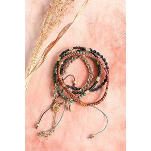 Stackable Bead and Woven Cord Stack of 5 Bracelets | Cute & Trendy Adjustable Stacked Fashion Jewelry