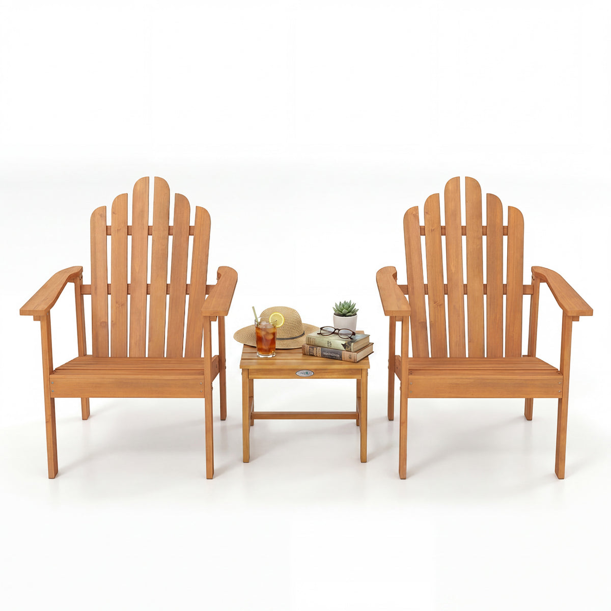 Stackable Adirondack Chair Set of 2 with Side Table-Natural
