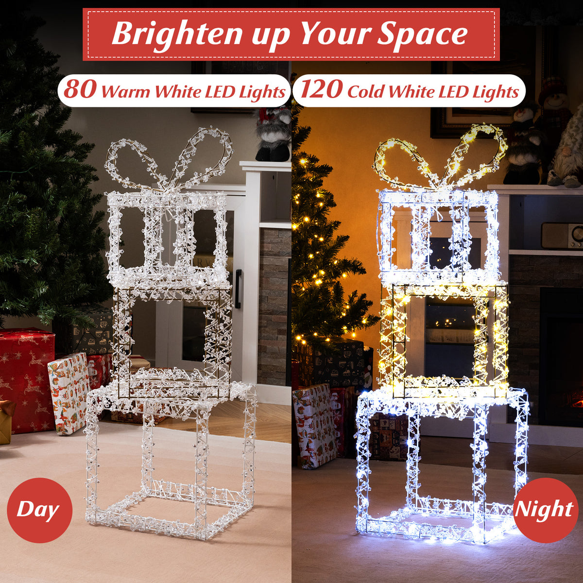 Stacked Lighted Gift Boxes Set of 3 Pre-Lit Christmas Present Box Lights