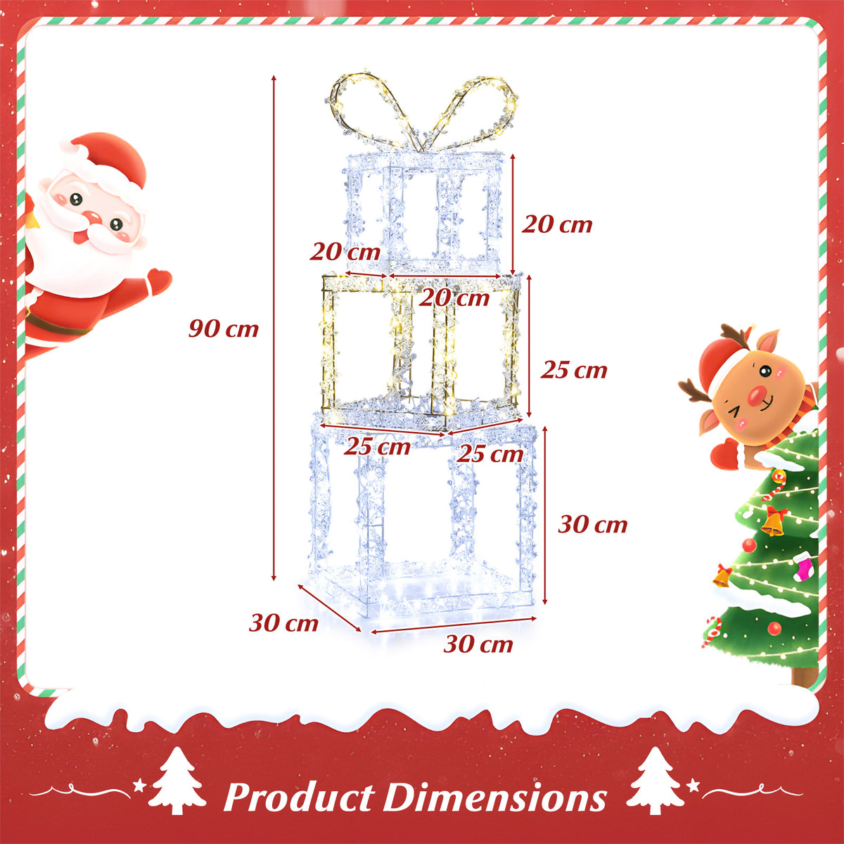Stacked Lighted Gift Boxes Set of 3 Pre-Lit Christmas Present Box Lights