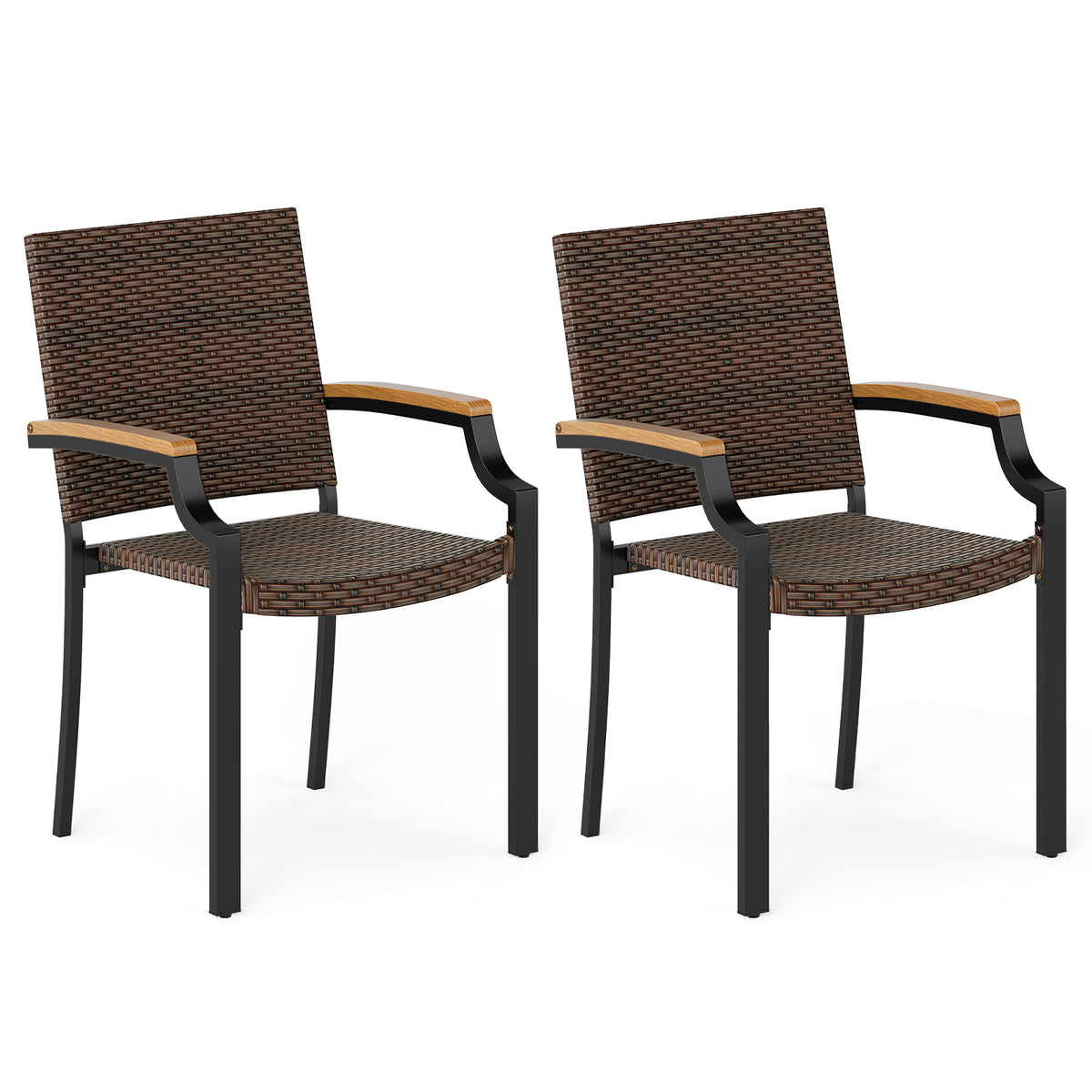 Stacking Wicker Chairs Set of 2 Patio Rattan Dining Chairs with Acacia Wood Armrests