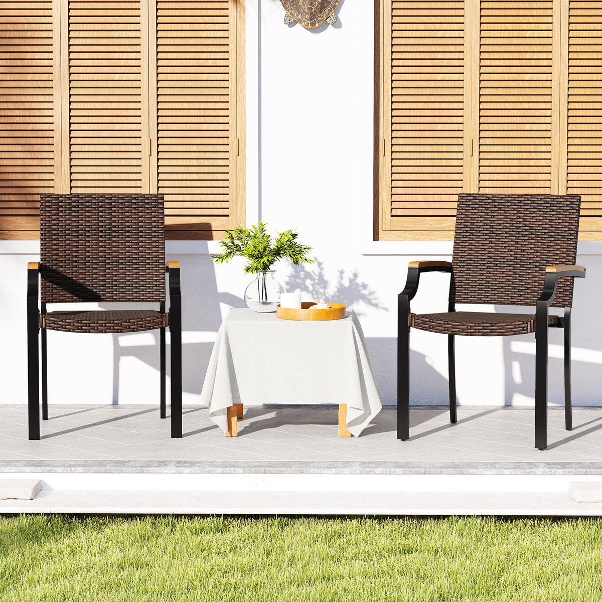 Stacking Wicker Chairs Set of 2 Patio Rattan Dining Chairs with Acacia Wood Armrests