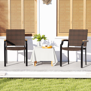 Stacking Wicker Chairs Set of 2 Patio Rattan Dining Chairs with Acacia Wood Armrests