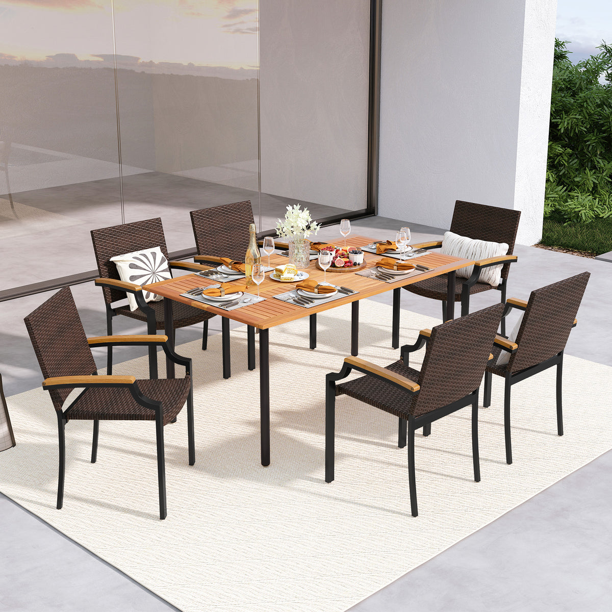 Stacking Wicker Chairs Set of 2 Patio Rattan Dining Chairs with Acacia Wood Armrests