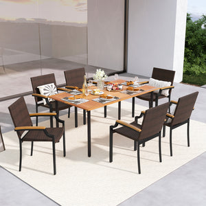 Stacking Wicker Chairs Set of 2 Patio Rattan Dining Chairs with Acacia Wood Armrests