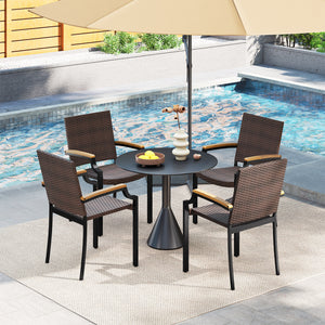Stacking Wicker Chairs Set of 2 Patio Rattan Dining Chairs with Acacia Wood Armrests