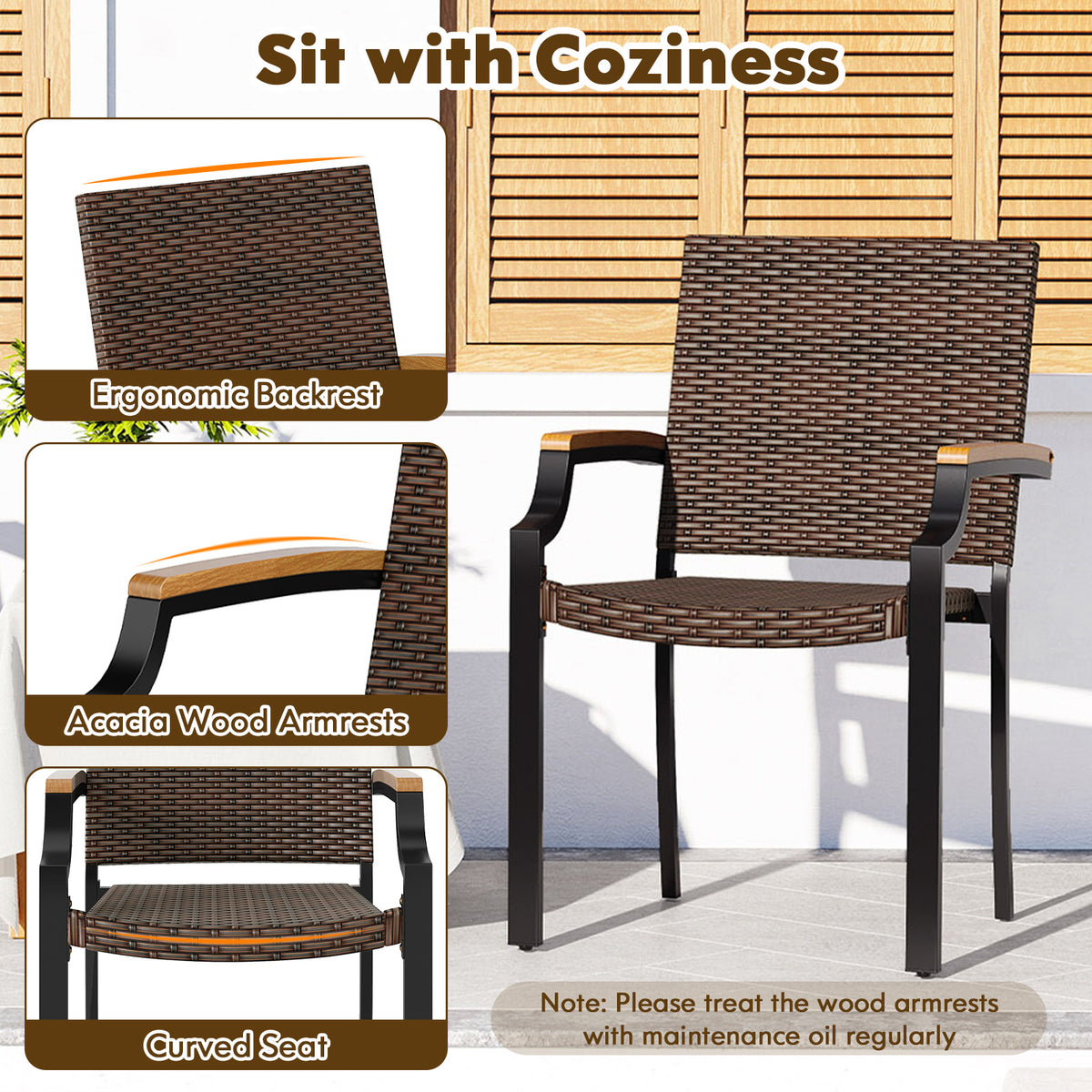 Stacking Wicker Chairs Set of 2 Patio Rattan Dining Chairs with Acacia Wood Armrests