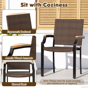 Stacking Wicker Chairs Set of 2 Patio Rattan Dining Chairs with Acacia Wood Armrests