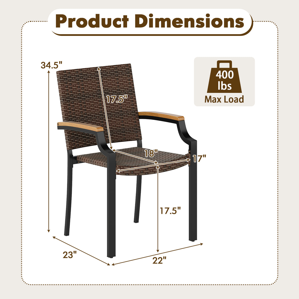 Stacking Wicker Chairs Set of 2 Patio Rattan Dining Chairs with Acacia Wood Armrests