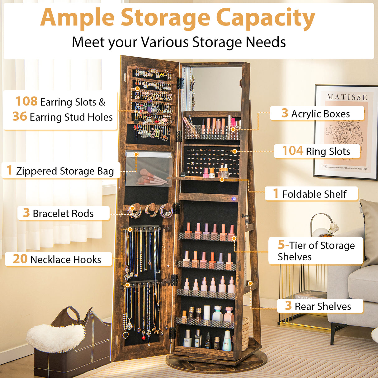 Standing Jewelry Cabinet with Adjustable LED Lights-Coffee