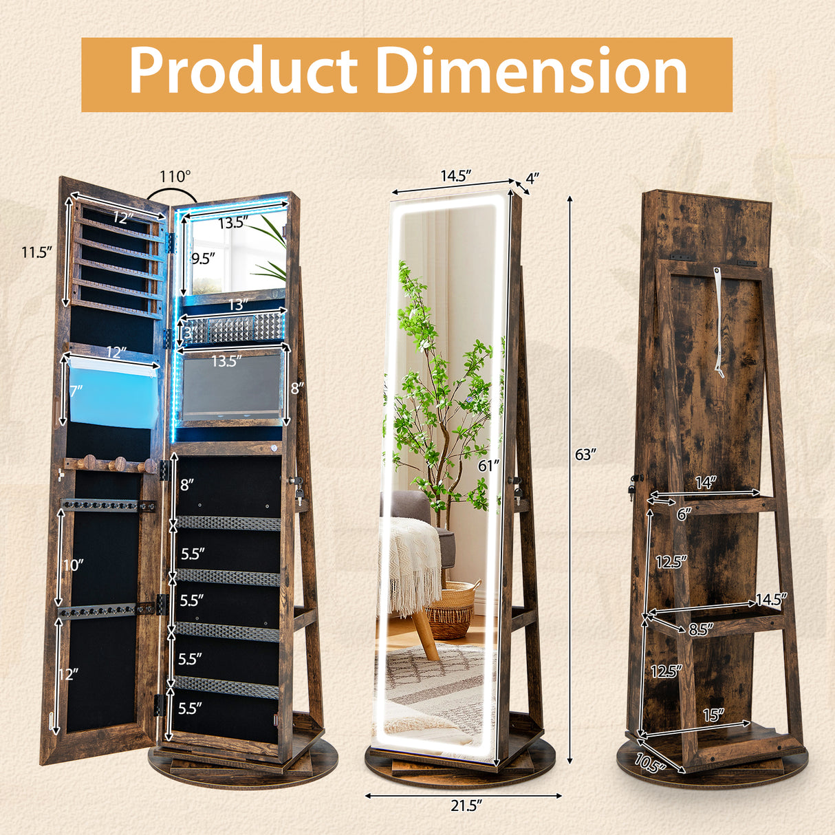 Standing Jewelry Cabinet with Adjustable LED Lights-Coffee