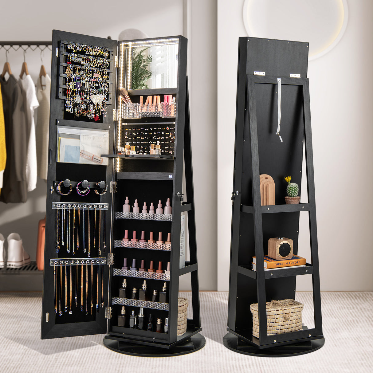 Standing Jewelry Cabinet with Adjustable LED Lights-Black
