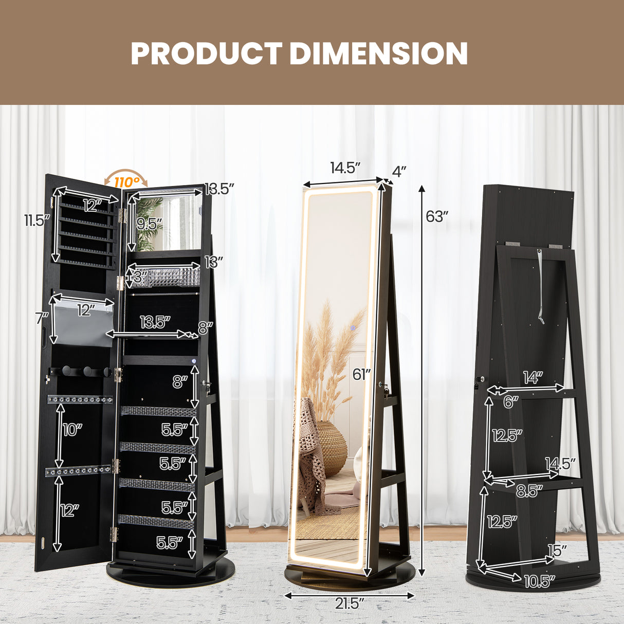 Standing Jewelry Cabinet with Adjustable LED Lights-Black