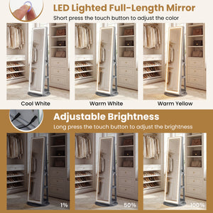 Standing Jewelry Cabinet with Adjustable LED Lights-Gray