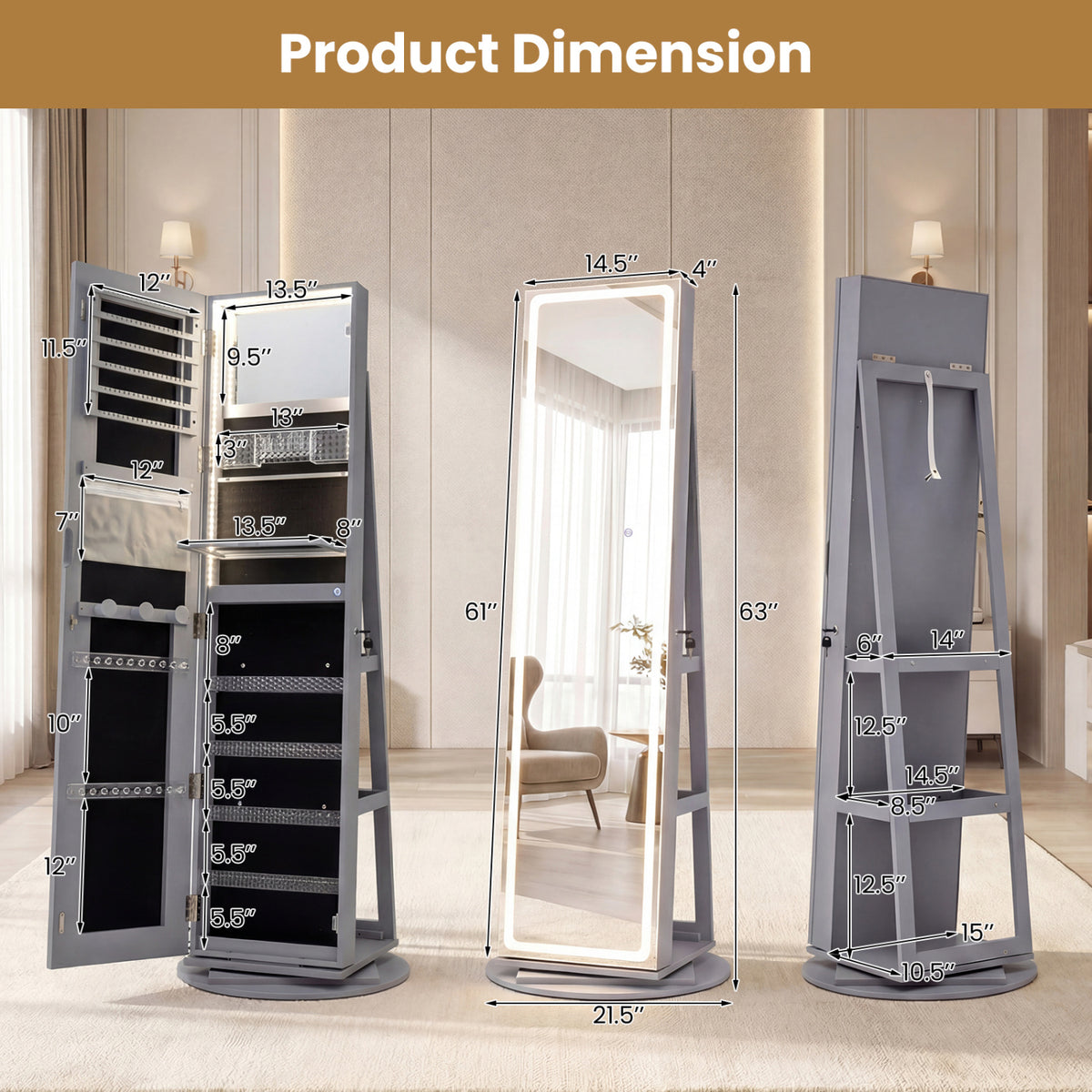 Standing Jewelry Cabinet with Adjustable LED Lights-Gray