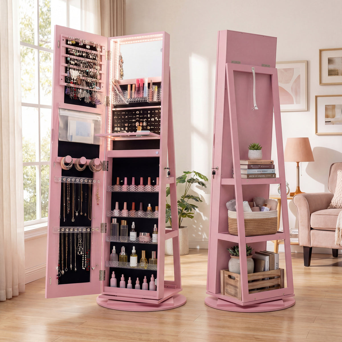Standing Jewelry Cabinet with Adjustable LED Lights-Pink