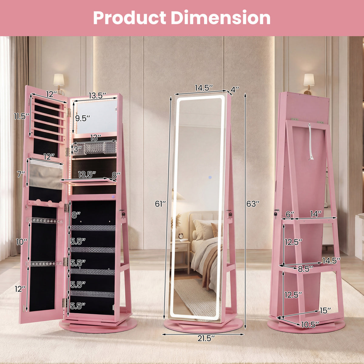 Standing Jewelry Cabinet with Adjustable LED Lights-Pink