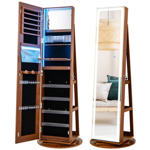 Standing Jewelry Cabinet with Adjustable LED Lights-Brown