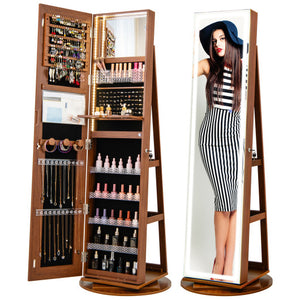 Standing Jewelry Cabinet with Adjustable LED Lights-Brown