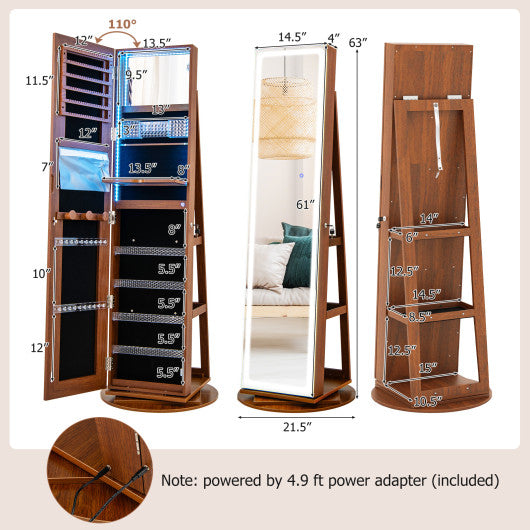 Standing Jewelry Cabinet with Adjustable LED Lights-Brown
