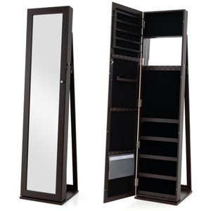 Standing Lockable Jewelry Storage Organizer with Full-Length Mirror-Coffee