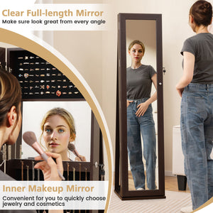 Standing Lockable Jewelry Storage Organizer with Full-Length Mirror-Coffee