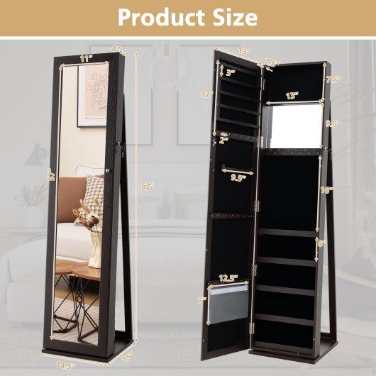 Standing Lockable Jewelry Storage Organizer with Full-Length Mirror-Coffee