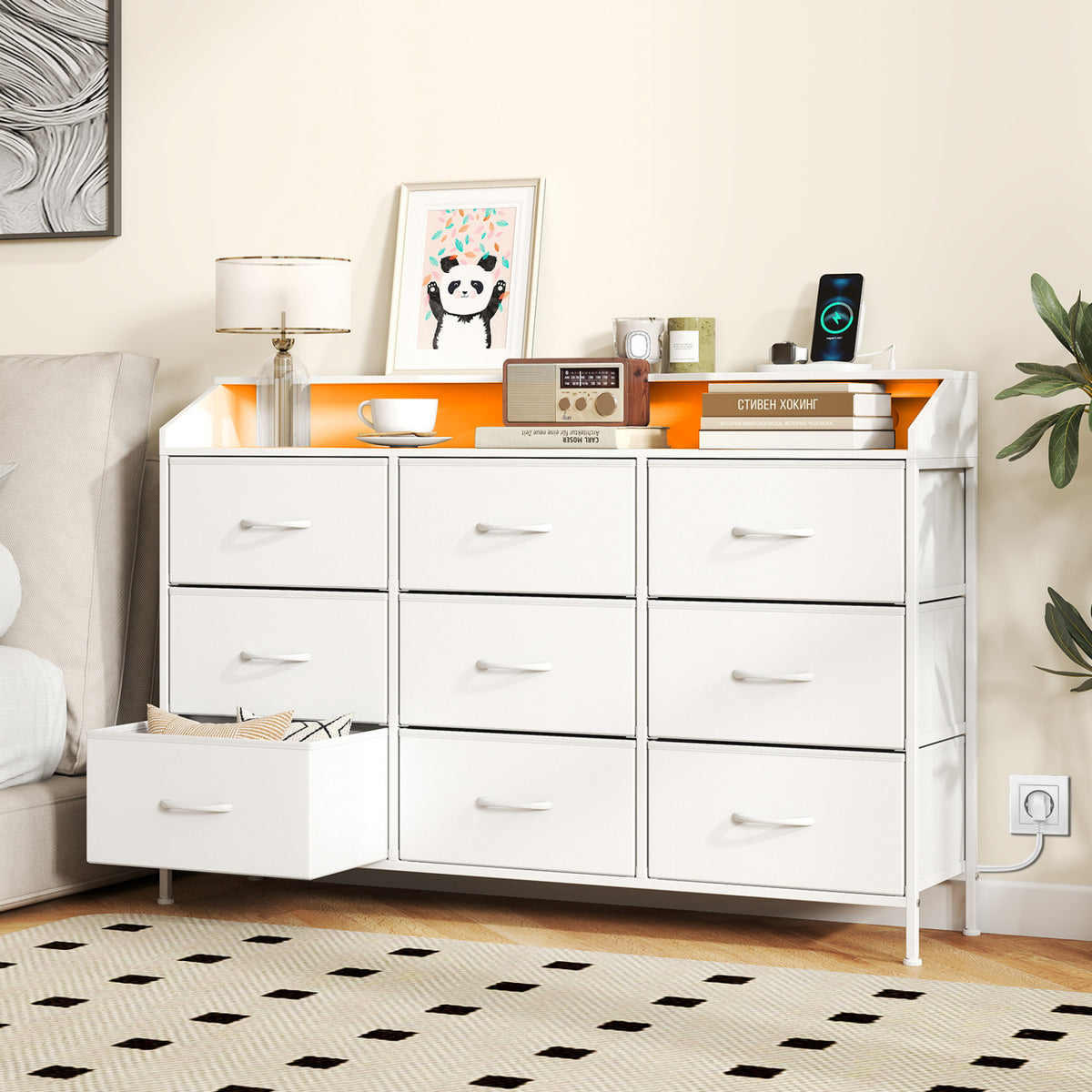 Storage Organizer with LED Lights and 9 Fabric Drawers for Bedroom-White